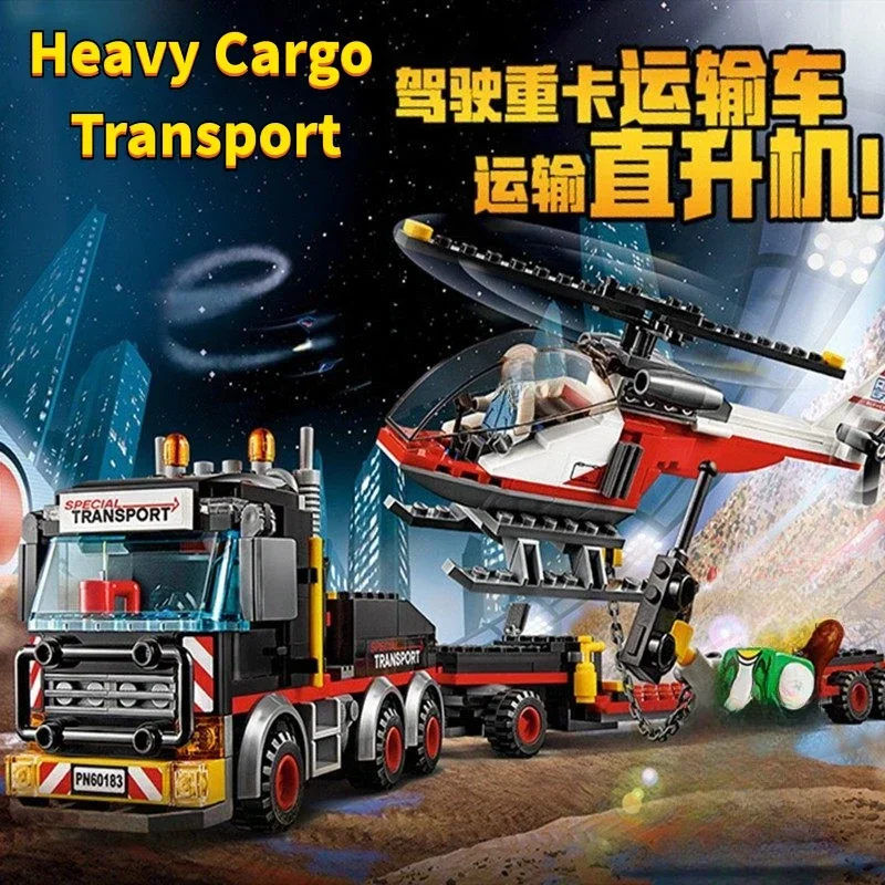 City Serie 60183 Zwaar vrachttransportvoertuig Bouwstenen Helikopter Trailer Sleepwagen Monteer baksteen speelgoedcadeau voor kindjongen