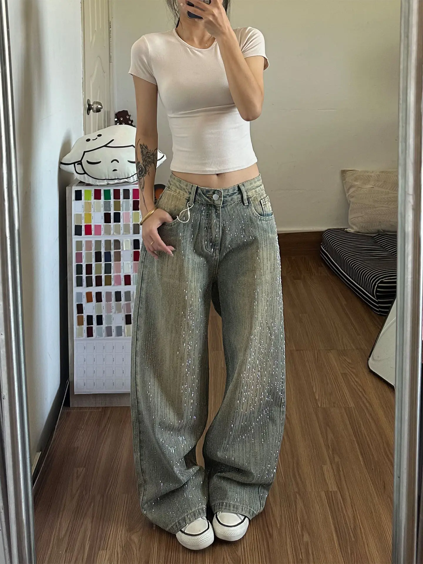 

New Women's Perrusted Jeans, Starry Sky Patchwork Denim Trousers Spring Autumn Female Design with A Shiny Floor-length Pants