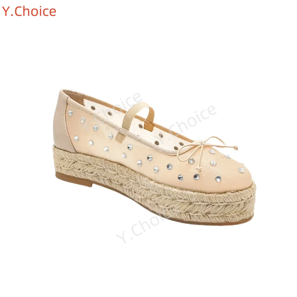 Y.Choice Damen-Flats, runde Zehen, dicker Boden, Strasssteine, verziert, Netz, flache Schuhe,