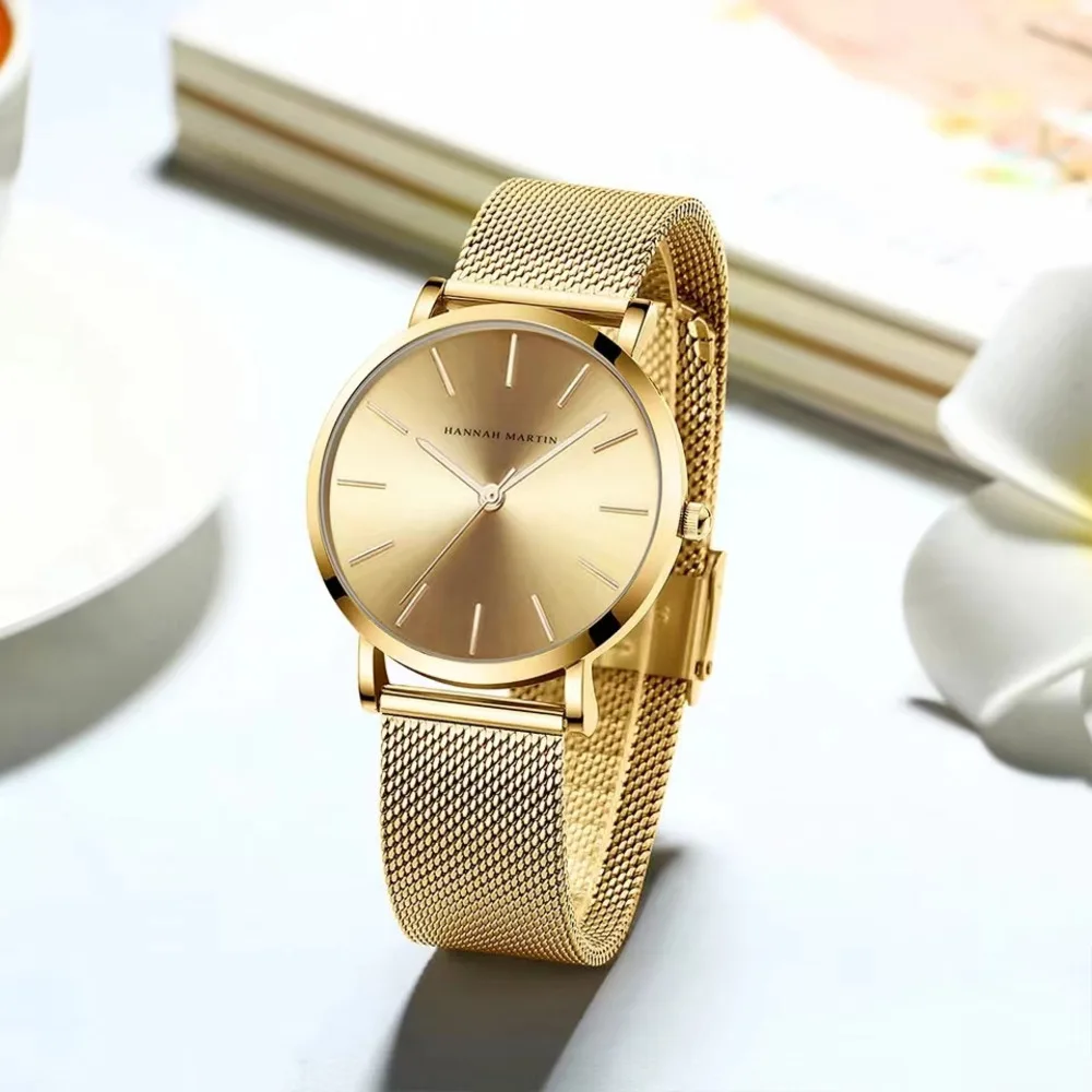 

HANNAH MARTIN Women Watch 36mm Luxury Gold Dial Japan Quartz Movement Watch Stainless Steel Strap Watch for Women Reloj Mujer