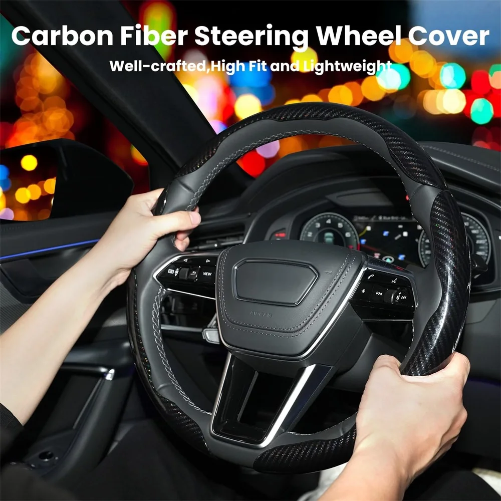 Anti-Slip Carbon Fiber Steering Wheel Cover 3PCS Set Universal 14-16 Inch Scratch-Resistant Car SUV Truck Interior Accessories