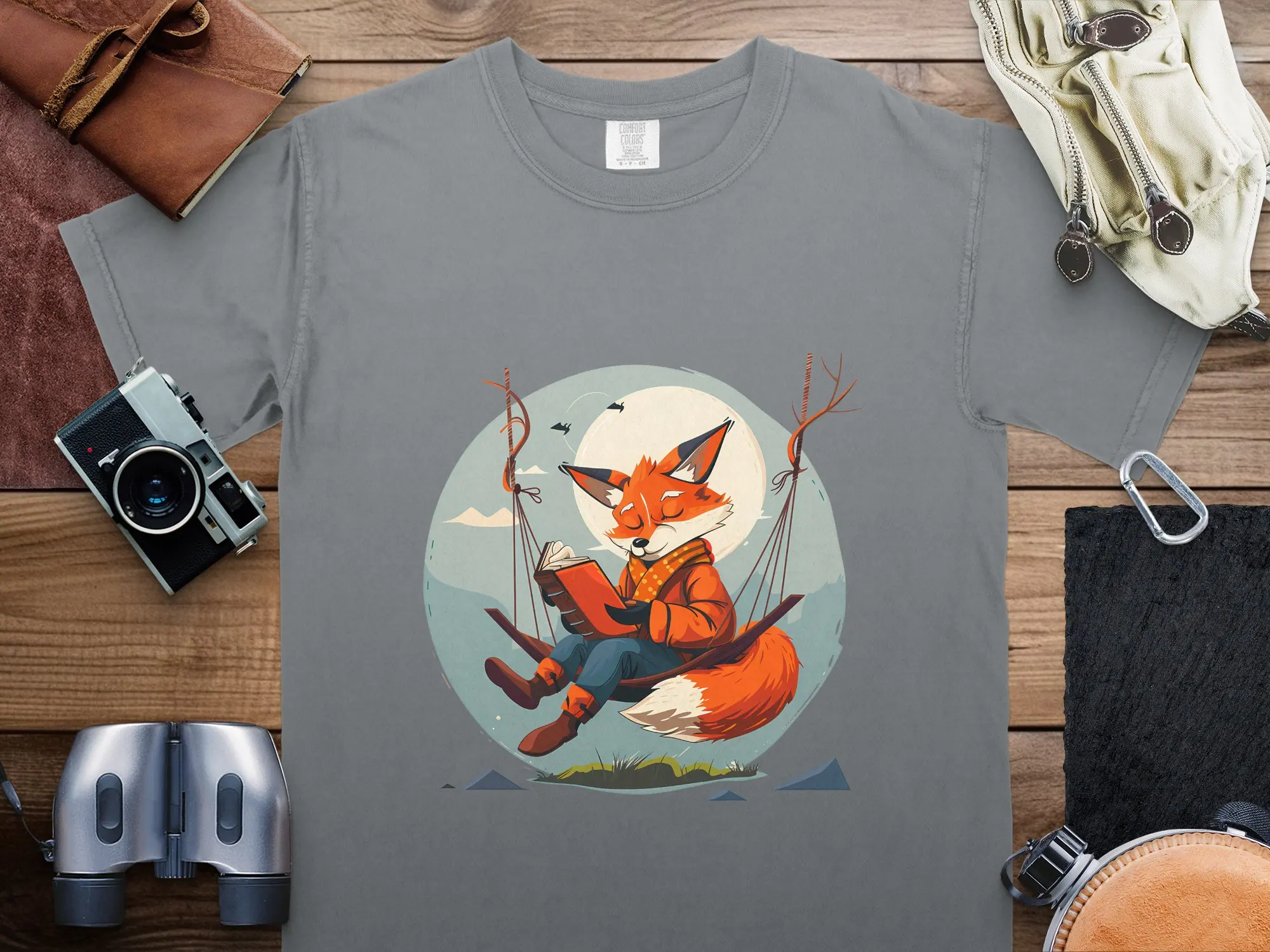 Red Fox Reading in Hammock T Shirt Unique Animal Design Casual Wear Nature Inspired Apparel