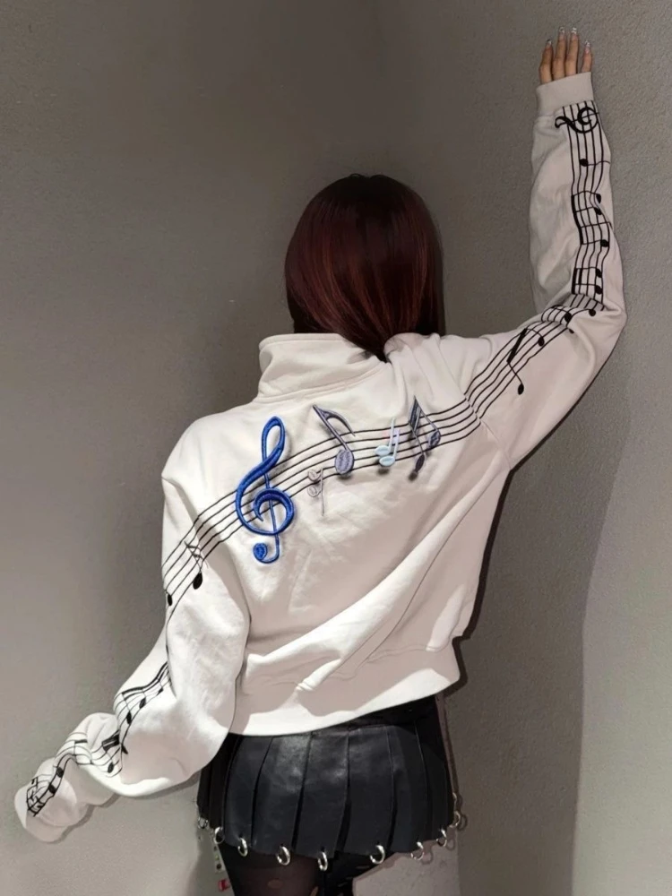 Y2K Streetwear Music Note Zip Up Jacket Women High Neck Cropped Casual Full Sleeve Sweatshirt