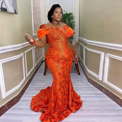 Orange Aso Ebi Lace Mermaid Prom Dresses Sheer Neck Plus Size Cap Sleeve Evening Gowns Saudi Arabia Sweep Train Party Dress