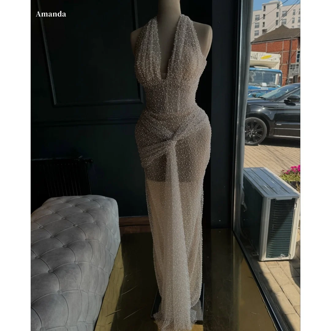 

Платье для выпускного вечера Amanda с белым жемчугом и бретелькой на шее, V-образным вырезом, платья de noche, открытая спина, без рукавов, длиной до пола, торжественное вечернее платье