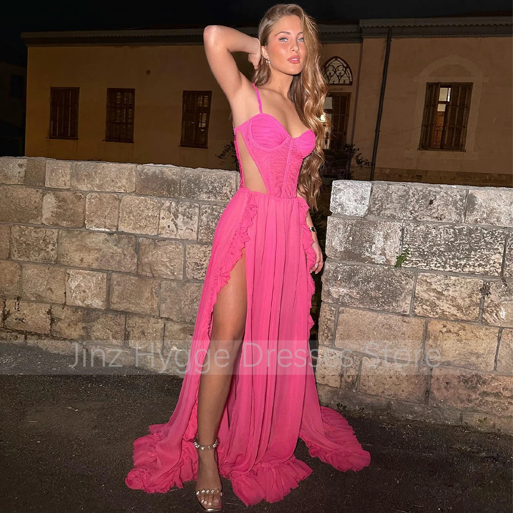 Vestido de noche Sexy con tirantes finos para mujer, traje largo con escote Corazón y volantes, color rosa, 2023