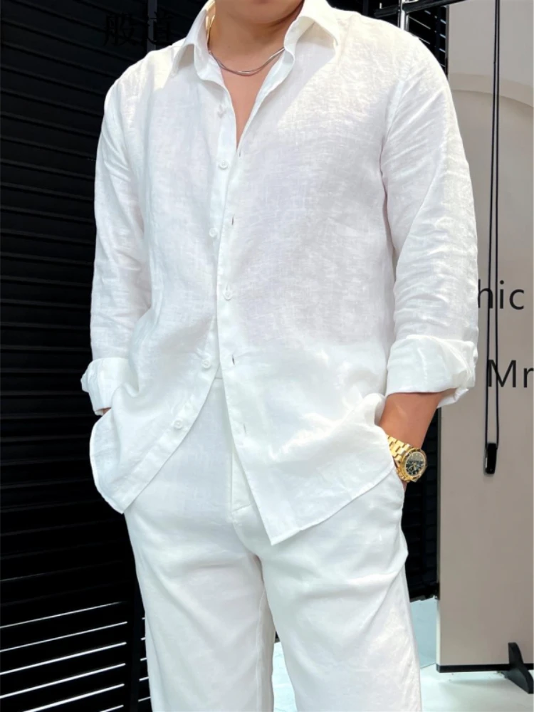Men's Linen Blend Sun Protection Shirt Summer Loose Fit Long Sleeve Casual White Top