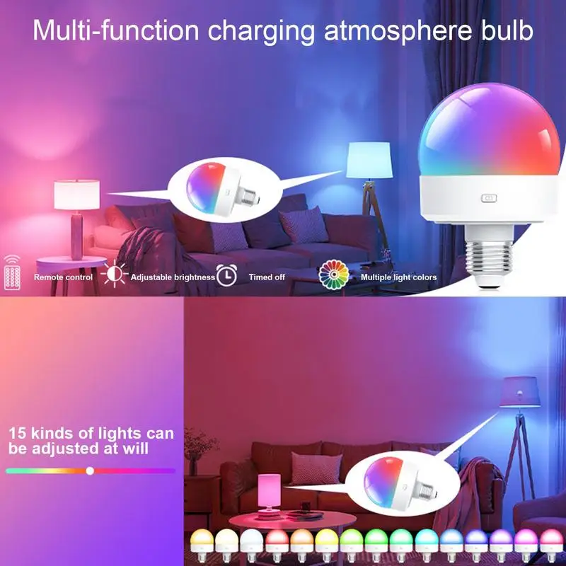 Rechargeable Light Bulbs with Remote Color Changing LED Bulb Detachable Magnetic Rgb Smart Rechargeable Bulbs Night Light