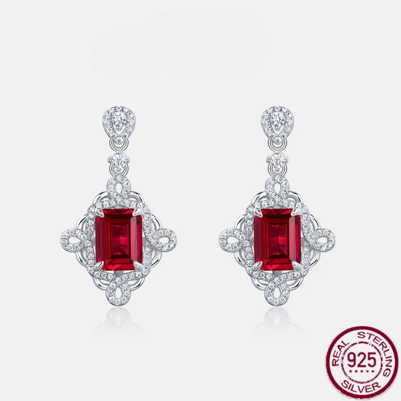 

New S925 pure silver luxurious atmosphere cultivated red gemstone inlaid cultivated colorful gemstone earrings wedding jewelry