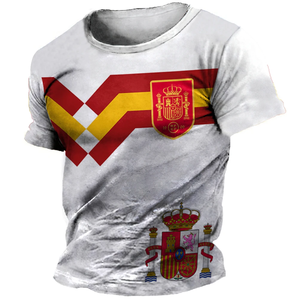 Spain Men's T-Shirt Summer Short Sleeve Spain National Emblem Flag 3D Print Fashion O Neck Pullover Shirt Male Oversize Clothing