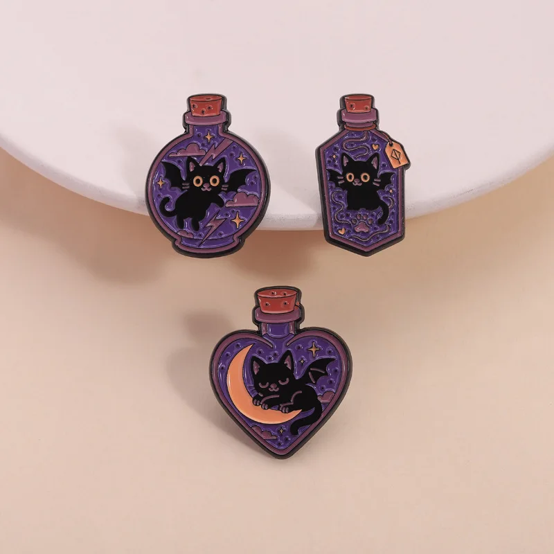 1 قطعة/3 قطعة الأرجواني ماجيك زجاجة المينا دبابيس لحقيبة الظهر الشيطان الأسود القط دبابيس شارات معدنية هدايا للنساء الرجال الأصدقاء #2