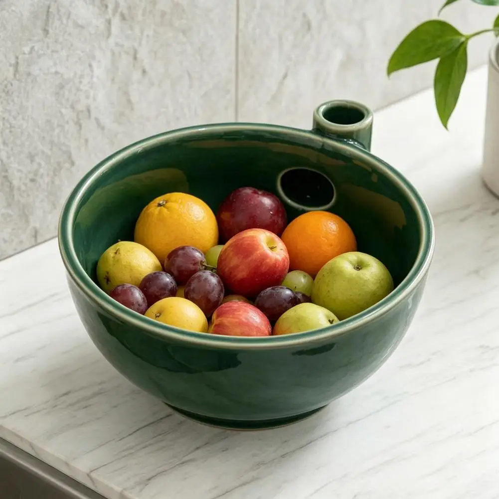 Ceramic Berry Washer Bowl, Self-Spinning Hydraulic Vortex Fruit Cleaner with Drainage, Automatic Kitchen Fruit Washer for Fragil