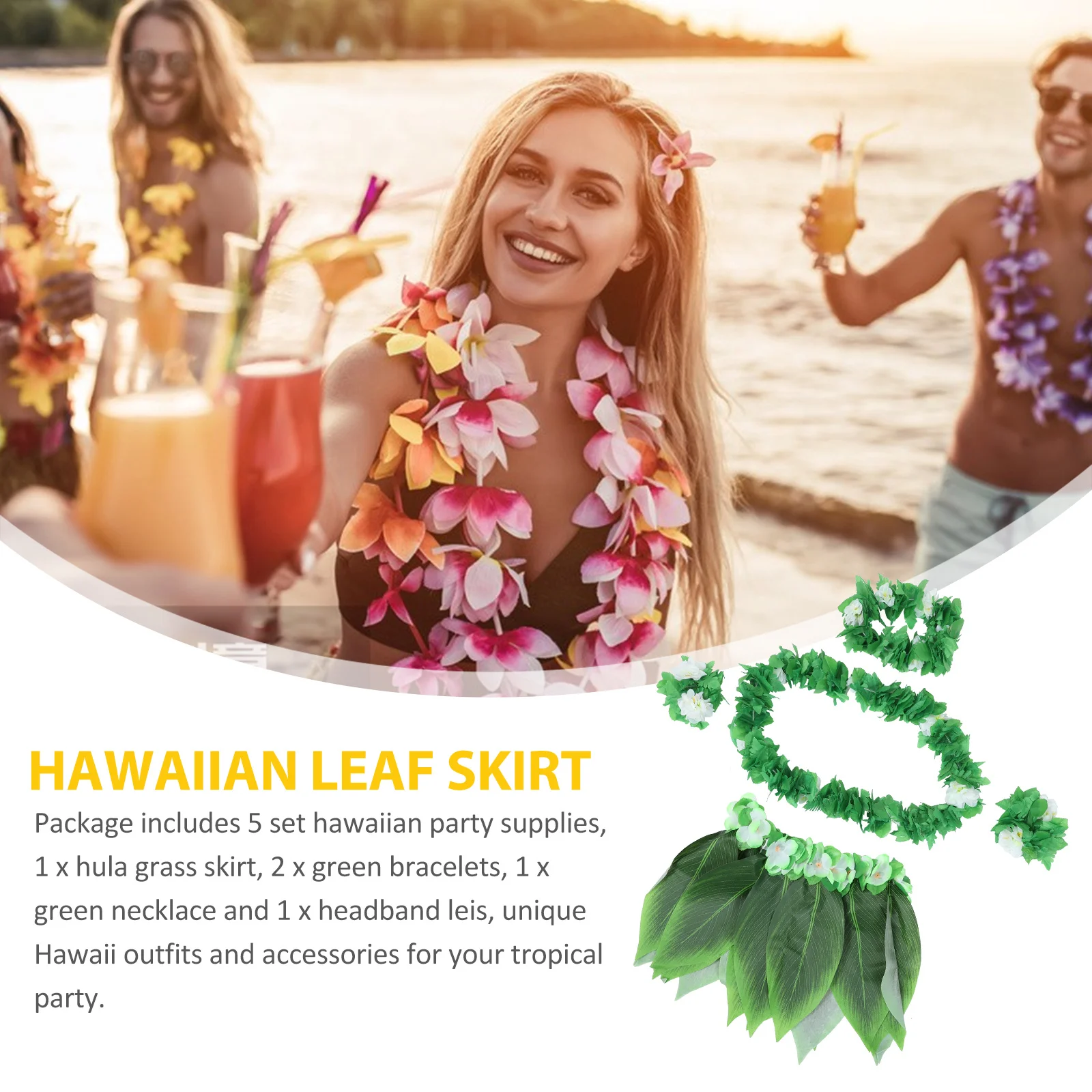 

5pcs Hawaiian Hula Grass Skirt Set Green Leaf Necklace Bracelets Headband For Luau Party Beach Costume Adult Women Men 30\