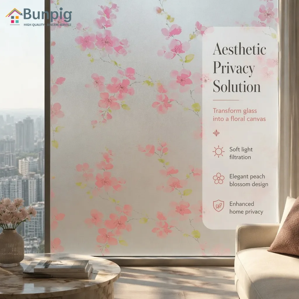 Watercolor Floral Botanical Privacy Window Film Self Adhesive UV Block Heat Control for Bathroom Kitchen Home Office Glass Door
