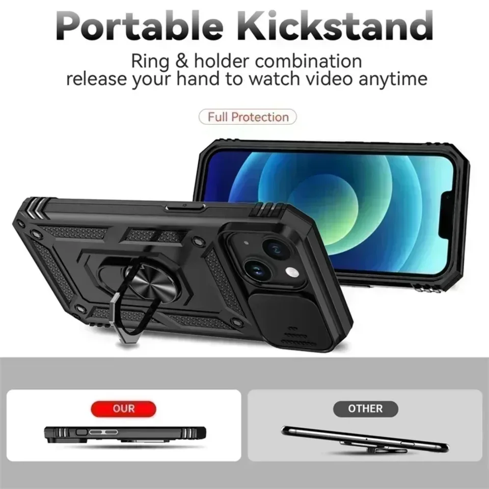 Funda blindada de grado militar con anillo giratorio y lente de cámara deslizante para iPhone 17 16 E 14 13 12 11 15 Pro Max Plus Mini 3