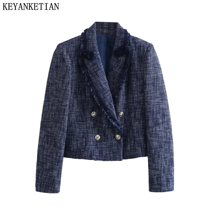 KEYANKETIAN Autumn New Women's Texture Tweed Short suit Frayed Trim Double Breasted Notched Collar Office Lady Crop Outerwear