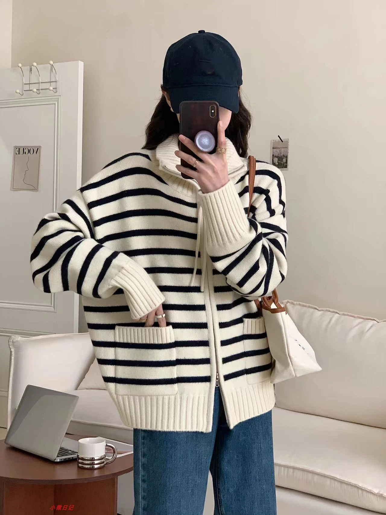 

Autumn Winter Stripe Knitted Cardigans Women High Collar Double Zipper Pockets Loose Sweater Coat Warm All-matched Knitwear