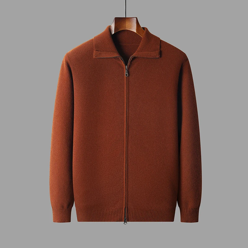 100% pure wool knitted cardigan new men's lapel zipper thick jacket shirt collar casual sweater long sleeved top