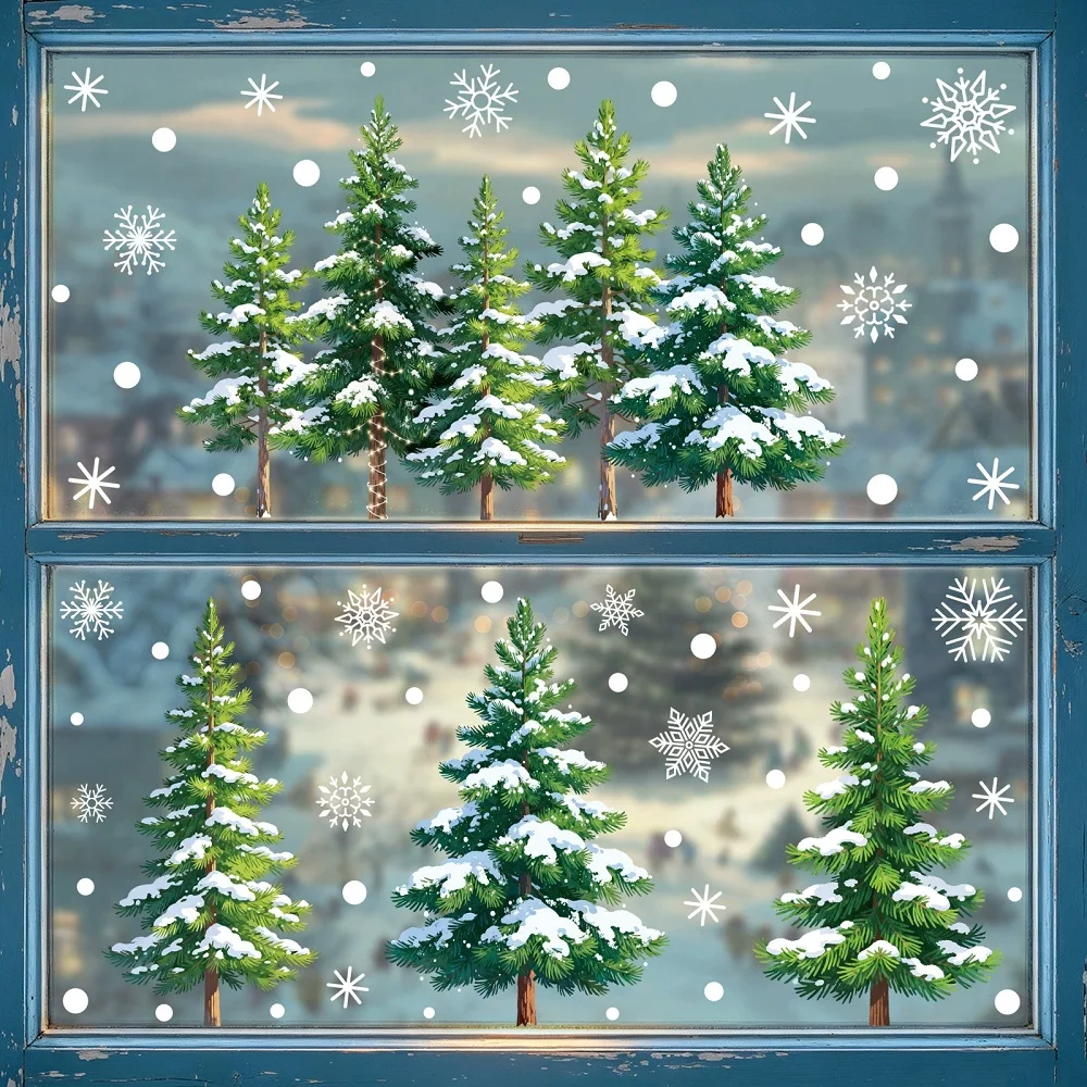 Christmas Decorative Window Stickers Snowflake Christmas Tree Glass Sticker Green Cedar Static Sticker for Home Shopping Mall