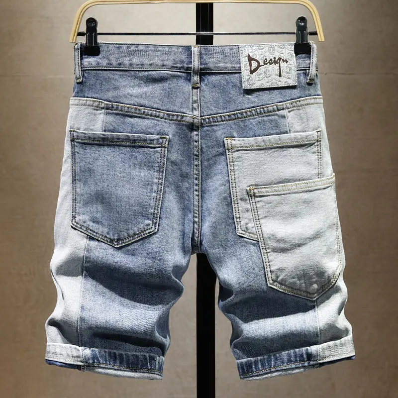 Top Quality Designer Boyfriend Men\'s Summer Casual Knee Length Denim Shorts Splice High-End Distressed Hole Design Short Jeans