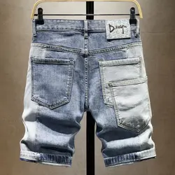 Top Quality Designer Boyfriend Men's Summer Casual Knee Length Denim Shorts Splice High-End Distressed Hole Design Short Jeans