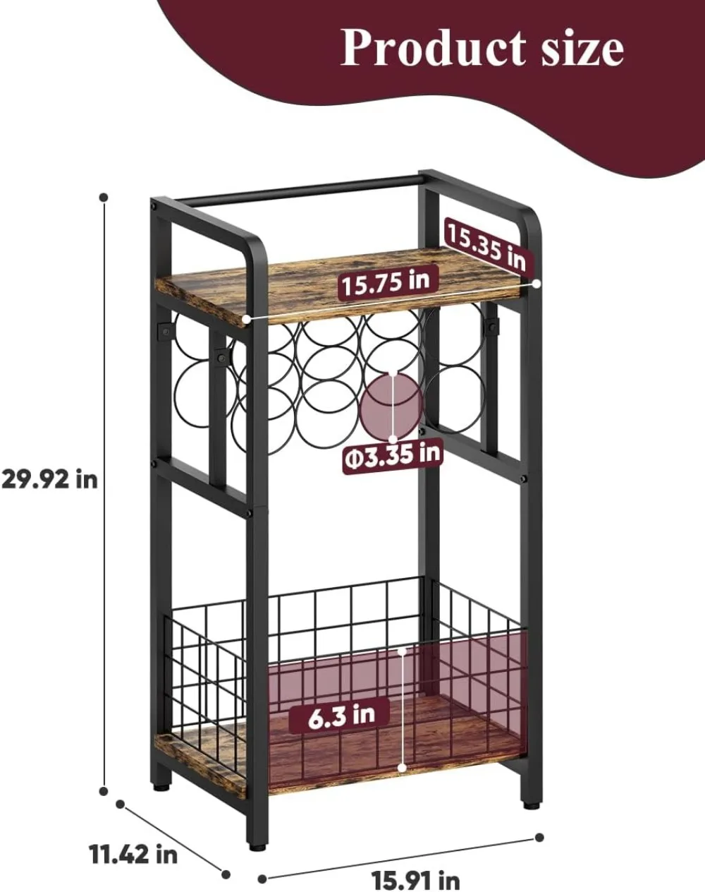 3-Tier Freestanding Wine Rack with Wood Top, Corner Bar Table for Kitchen Living Room, Black Metal Storage