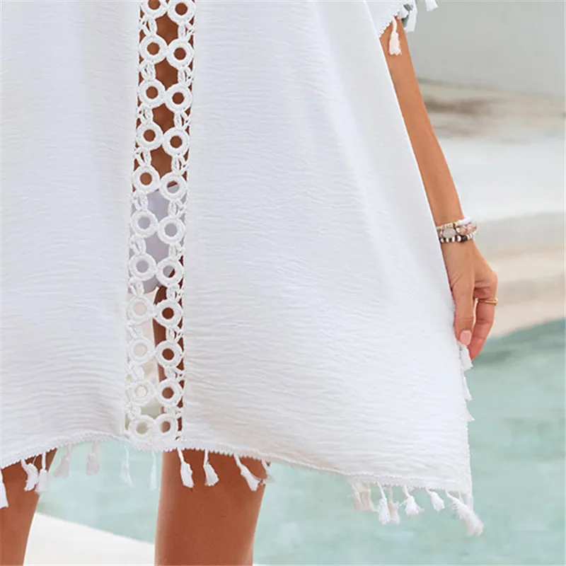 Boêmio sheer praia cobrir para mulheres elegante chiffon sem costas kaftan verão nadar cobrir ups com borla manga curta 2026