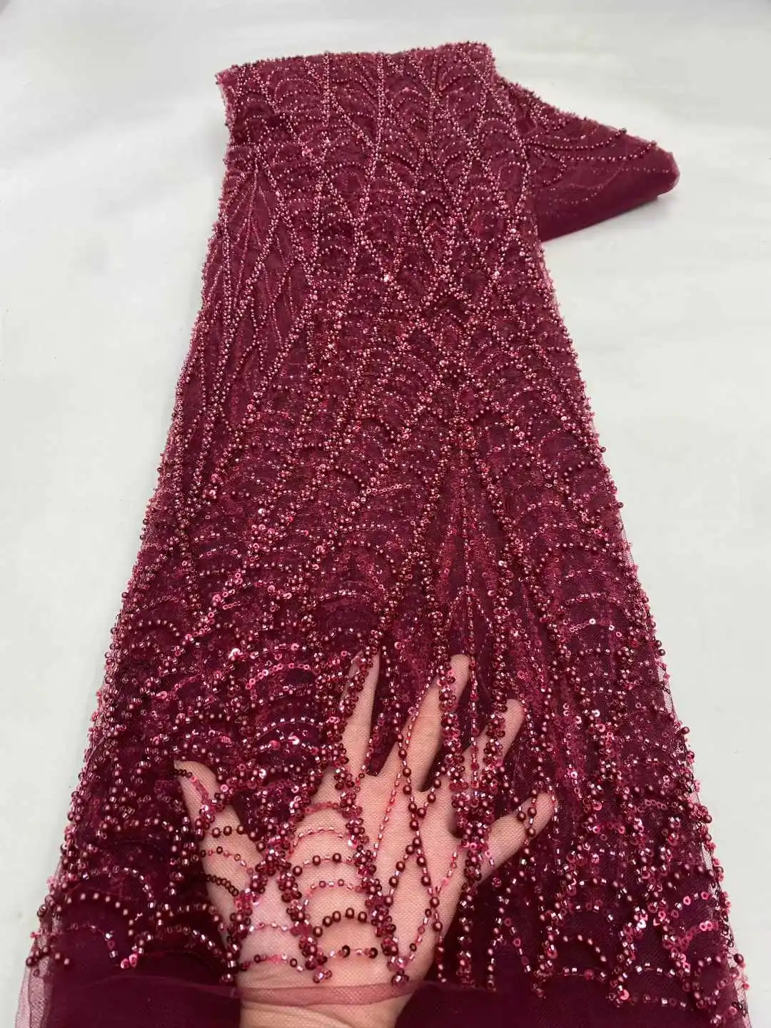 

2025 New Design Beaded Lace Fabric High Quality Luxury Lace Embroidery Sequin French Nigeria Tulle Lace Fabric for Wedding