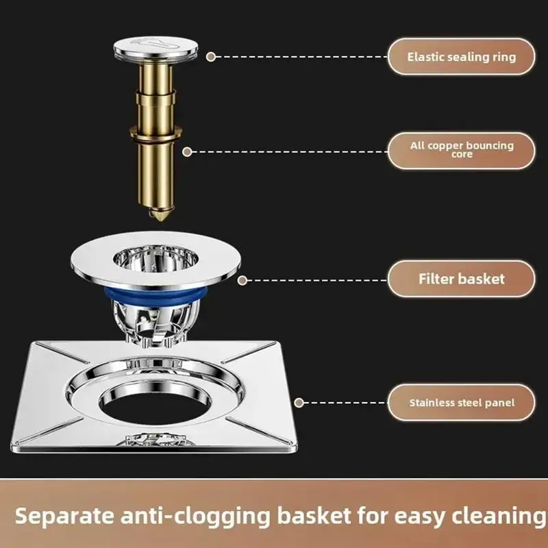 Bathroom Drain Stopper Floor Odor Prevention Square Drain Sink Drain Stopper Foot Pedal Design Brass Core Tub Hair Catcher