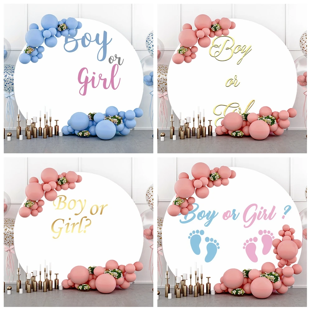 حديث الولادة الجنس تكشف حفلة خلفية مستديرة بيضاء صبي أو فتاة التصوير الفوتوغرافي استحمام الطفل الأزرق والوردي خلفية التصوير مرنة