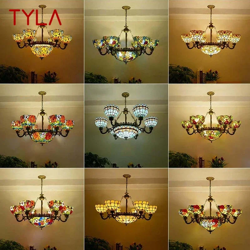 

TYLA Tiffany European Living Room PendantLamp Vintage Creative Color Glass restaurant Bedroom Hotel Chandelier