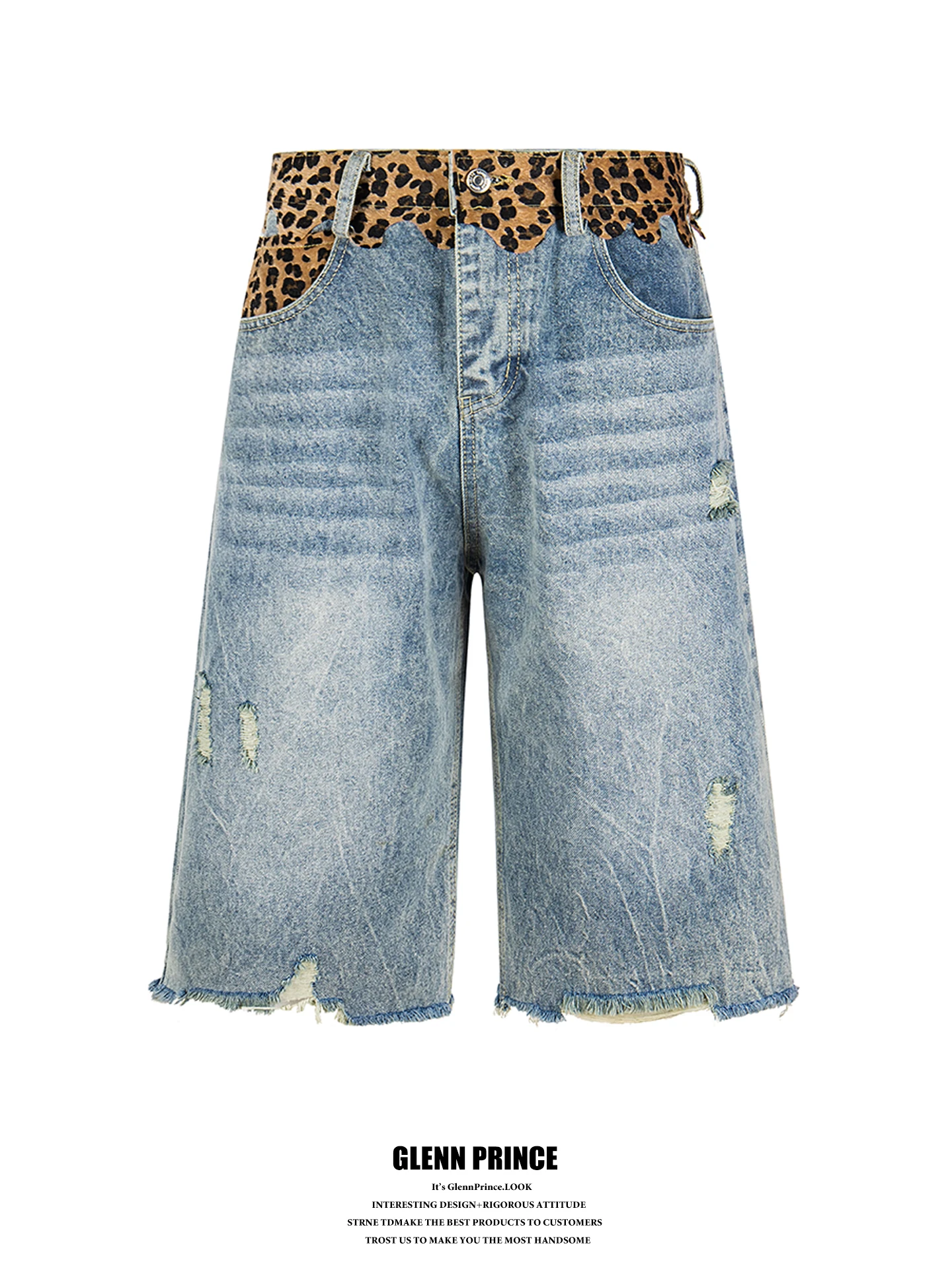 

GPstudio American Style Faux Fur Leopard Print Ripped Denim Shorts Men's Visual Streetwear Washed Straight Leg Sixths Pants