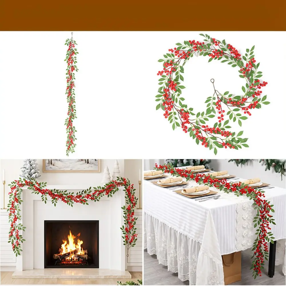 Artificial Christmas Berry Garland Red Fruit Green Leaves Vine For Wedding Party Home Wall Decoration Hanging Decor