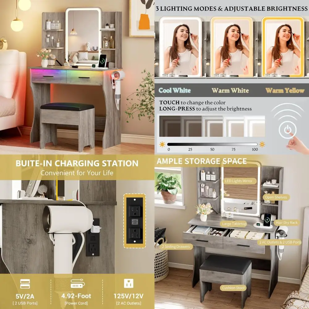 Toaletka z oświetleniem LED, lustrem i gniazdem zasilania, kompaktowy zestaw do makijażu z szufladami i krzesłem, 3 tryby oświetlenia