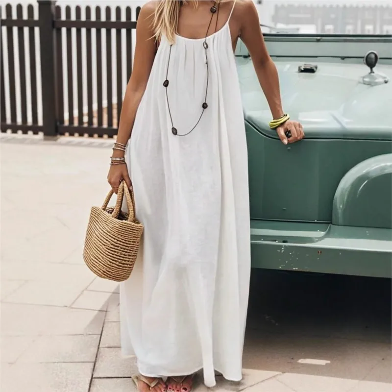 

Elegant Vacation Suspender Women's Casual Spaghetti Strap Dress Homewear Summer Dress Solid-Color Loose Big Swing Beach Dress