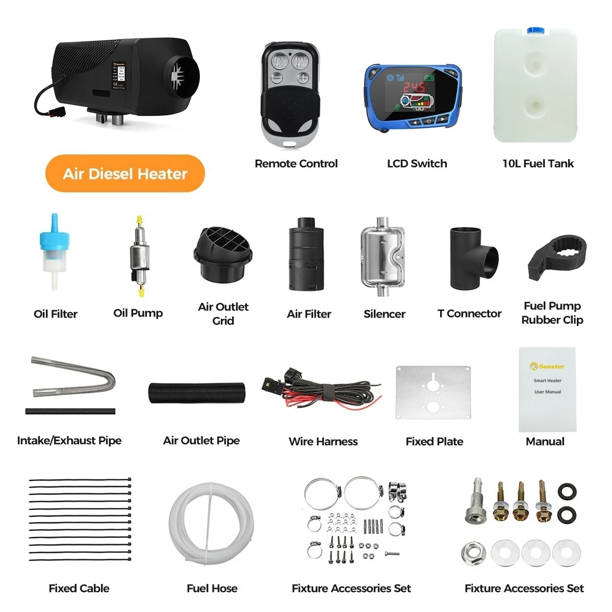 Sunster 에어 디젤 히터, 범용 자동차 주차 히터, 자율성, 원격 LCD 모니터, 자동차 음성 방송, 2KW, 8KW, 12V