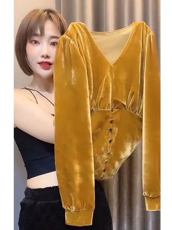 

Женская вельветовая блузка с длинным рукавом и V-образным вырезом, базовый слой, облегающая, универсальная, весна-осень, новая модель, корейский стиль, для повседневной носки