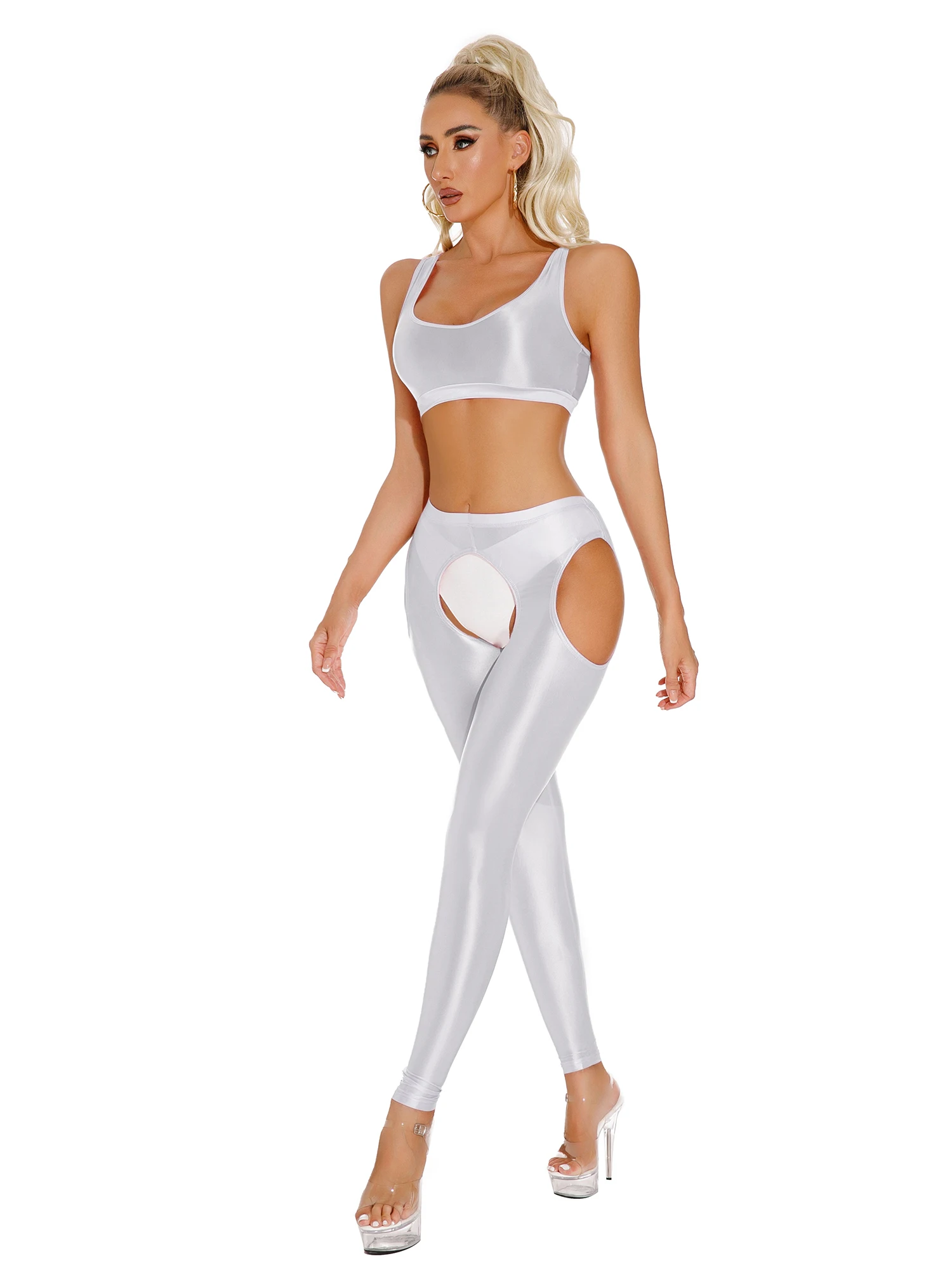 Sexy Womens Glossy Sets Two Pieces Tracksuit Sport Yoga Outfits Glossy Stretchy U Neck Crop Tank Top with Hollow Out Leggings