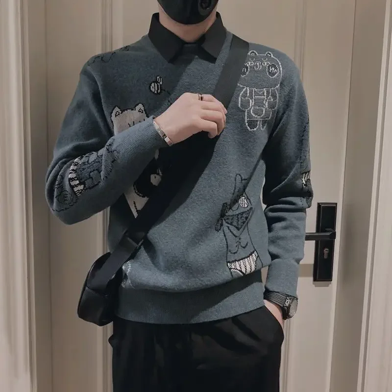 LIBIELIY Fashion O-Neck Embroidery Cartoon Sweaters Men's Clothing 2025 Winter Loose Knitted All-match Pullovers Casual Warm Top