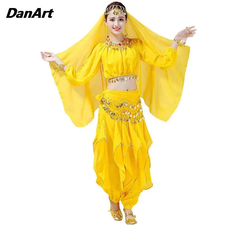 

3PCS Belly Dance Costume Set Women Indian Dance Coins Sequin Performance Outfit Halloween Cosplay Arabic Goddess Clothing