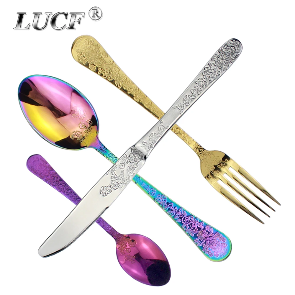 Fantastic Oriental Style Embossed Flower Pattern 4 in 1Cutlery Set Stainless Steel Artistic Floral Dinnerware Utensils For Home