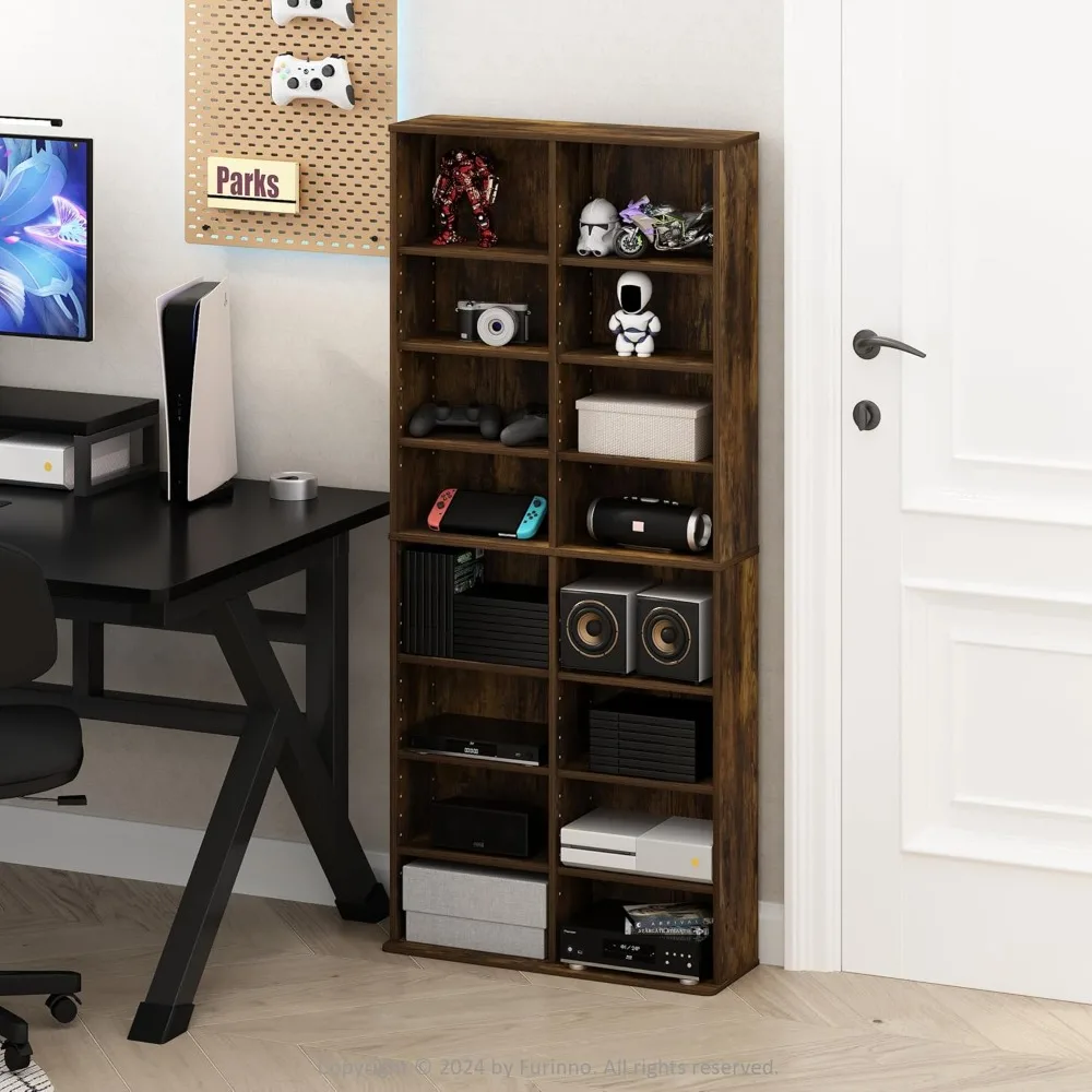 رف برج تخزين الوسائط المتعددة ذو 16 رف من Furinno Jaa مع أرفف قابلة للتعديل، صنوبر كهرماني