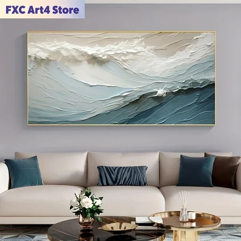 Frameless Large Scale Wave Texture Painting, Landscape Abstract Oil Painting, Modern Mural Painting, Living Room Decoration
