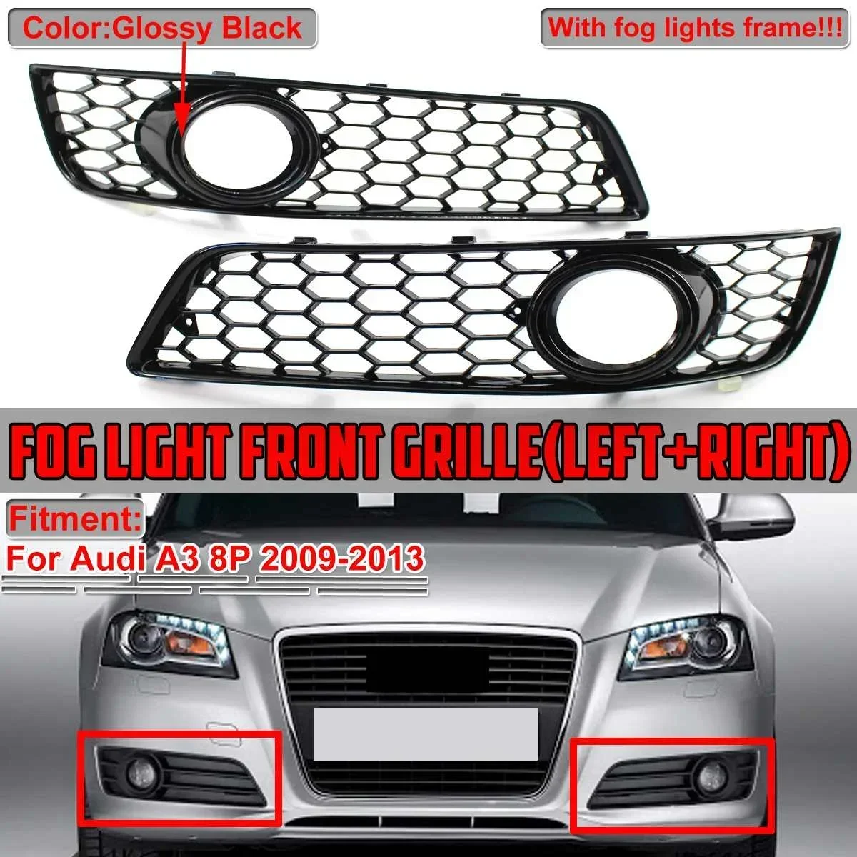 

A Pair Car Front Bumper Fog Light Lamp Honeycomb Grille Honeycomb Mesh Grill For Audi A3 8P 2009 2010 2011 2012 2013 Body Kit