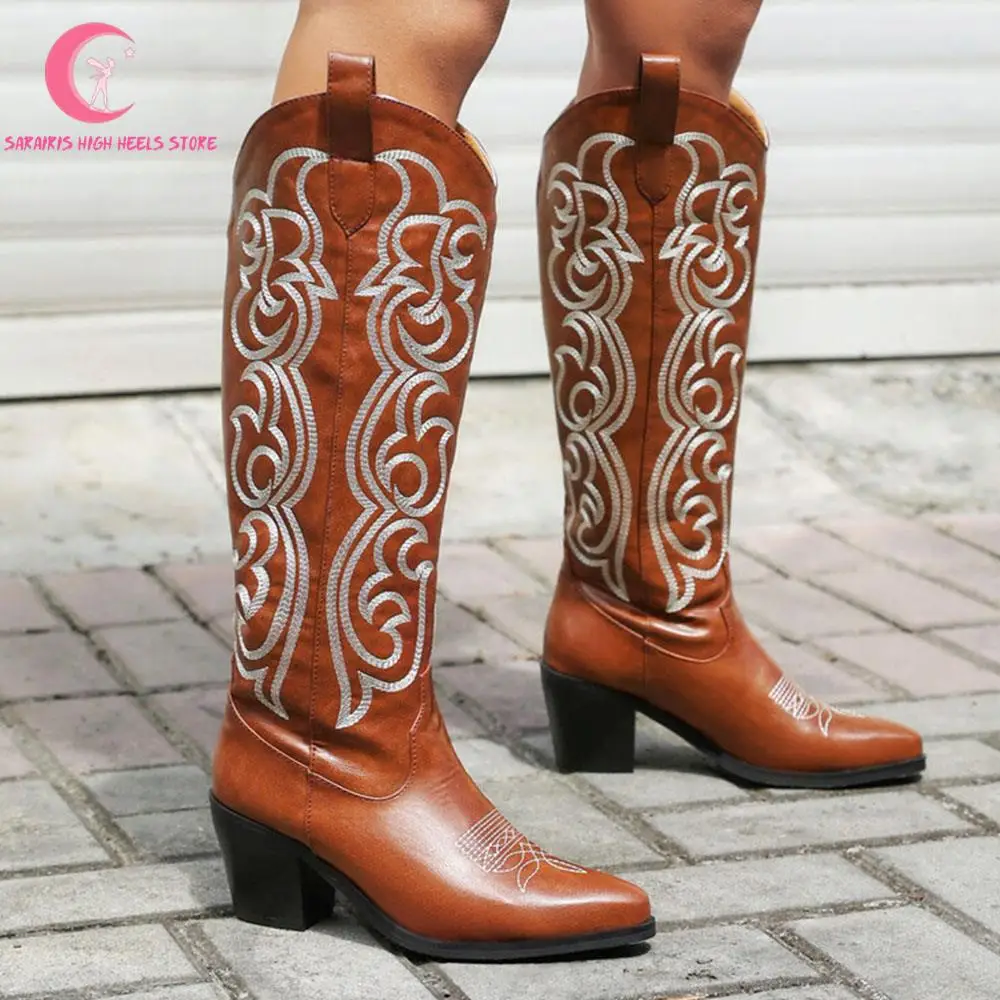 Vintage Embroidery Chunky High Heeled Western Boots Women Brand New Knee High Cowboy Women Shoes Stylish Red Comfy Ridding Shoes