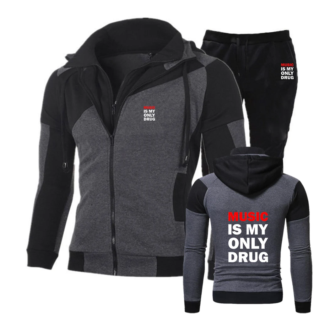 

2025 Music is My Only Drug Men's Spring And Autumn New Color Matching Hoodie + Casual Pants Diagonal Zipper Suit