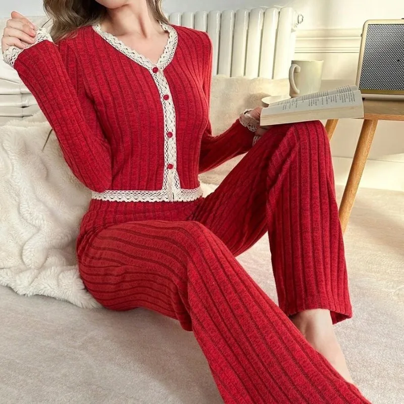 

Женский осенний кружевной пижамный комплект, одежда для сна с длинными рукавами, домашняя одежда, кардиган, зимний милый мягкий пижамный комплект Fairy Wind, домашняя одежда