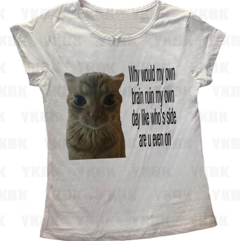 Harajuku الشارع الشهير القط كيتي نمط أنيمي النساء فتاة فضفاضة طويلة الأكمام س الرقبة لطيف تيز موضة عادية Y2k تي شيرت خمر الطفل