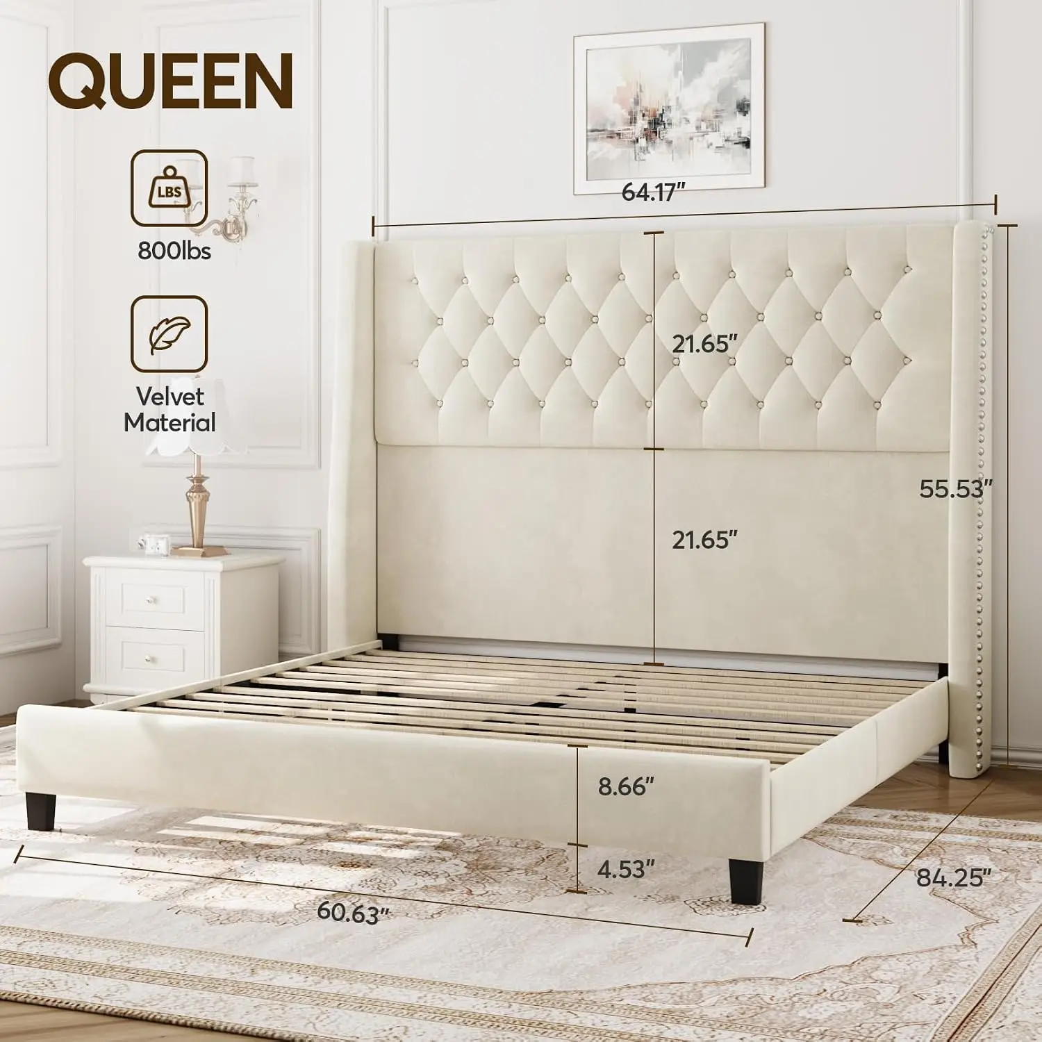 Queen Upholstered Bed Frame, 55.4'' Tall Headboard With Wingback, Customized