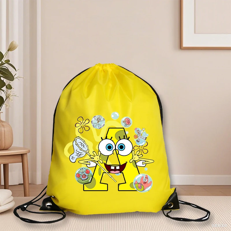 Mochila Leve de Desenho Animado com Estampa de Letras A-Z, Bolsa de Cordão Estilo SpongeBob SquarePants, para Armazenamento de Roupas e Calçados de Academia